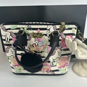 Luv Betsy Johnson purse mini sachet unicorn crossbody black striped EUC